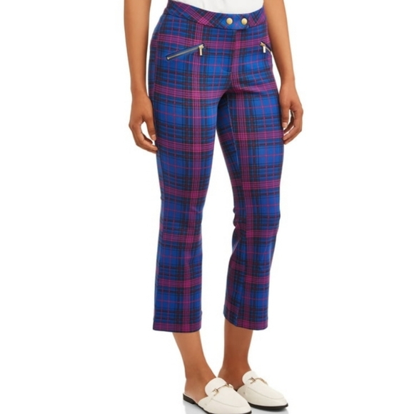 Time and Tru Pants - NWT Time & True Plaid Flare Ponte Pant Blue & Pink Ankle Pants Womens Size 16